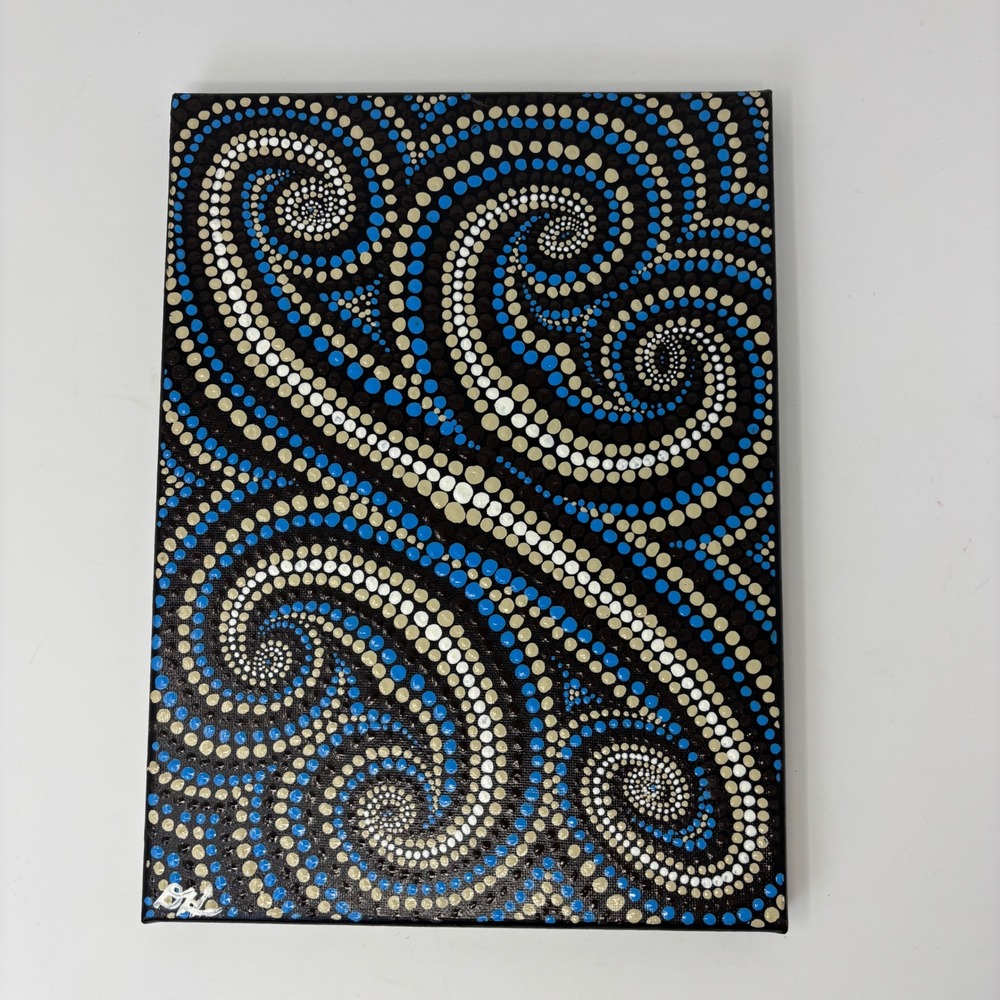 Original Signed Dot Mandala Painting Handpainted Acrylic Canvas Blue Swirl Art
